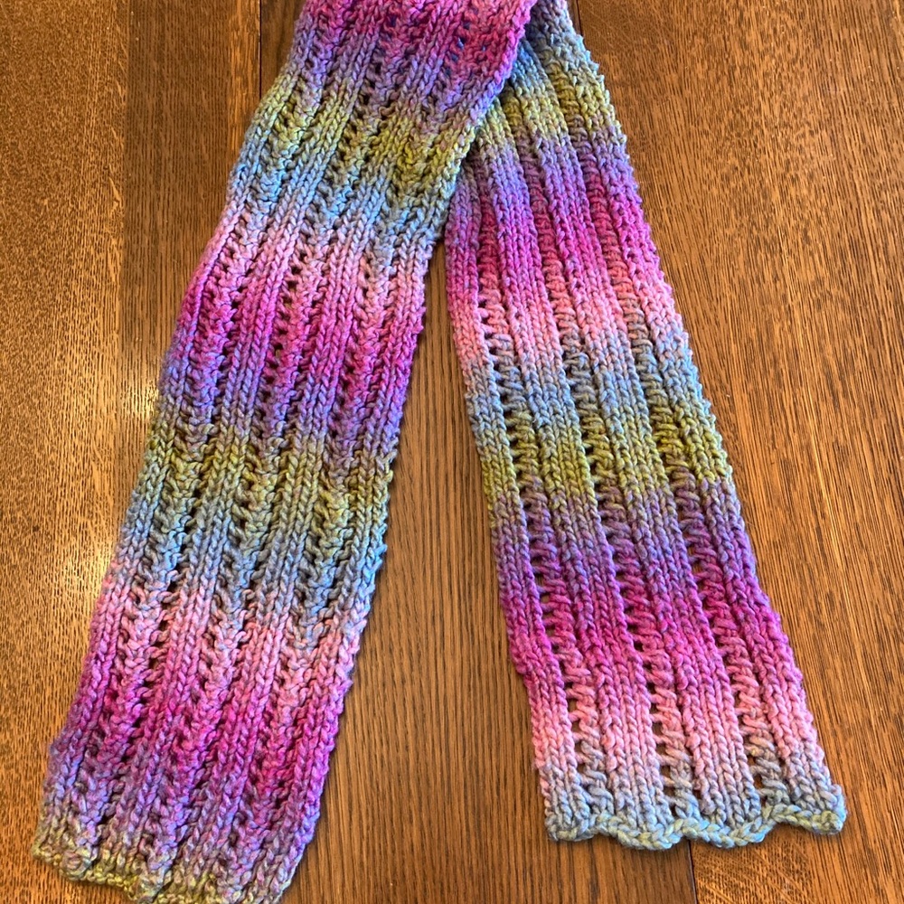 Hand Knit Scarf in Pinks, Blues, and Greens